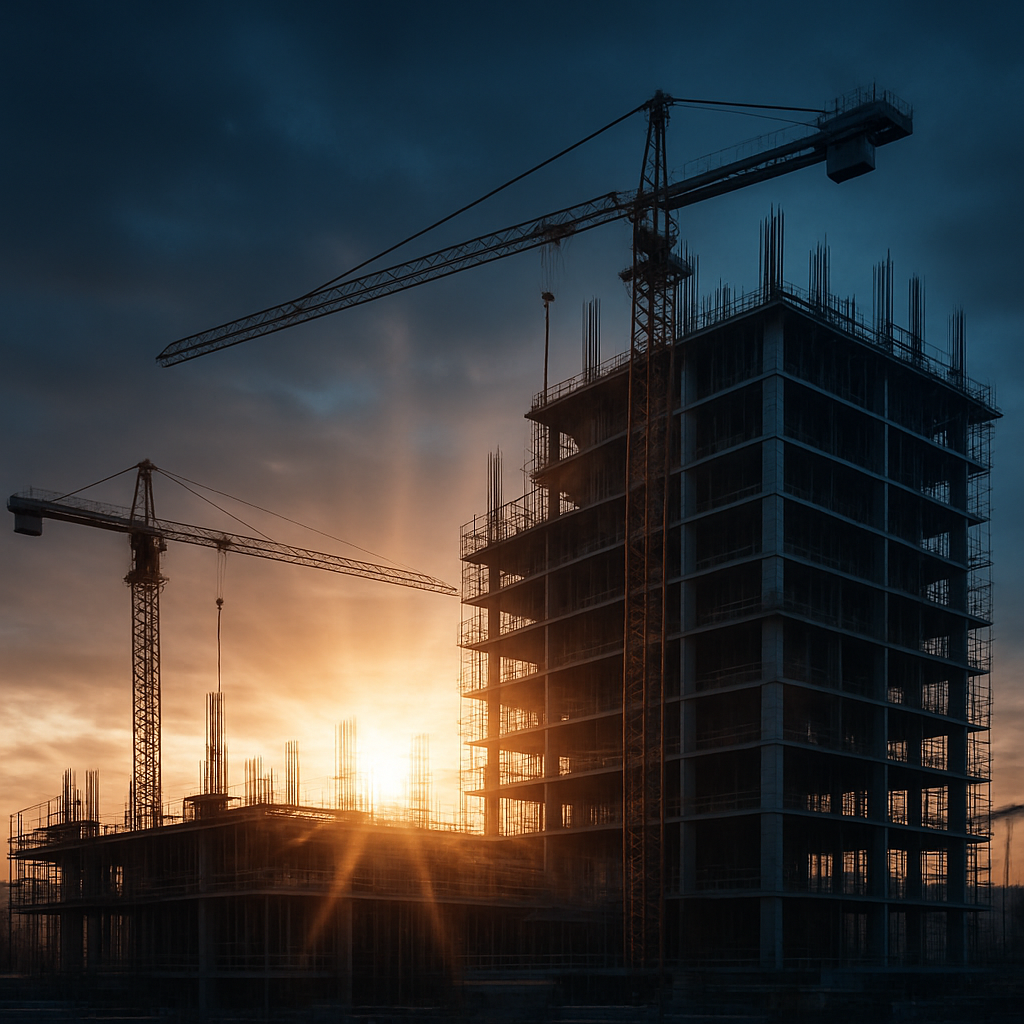 Modern construction site at golden hour